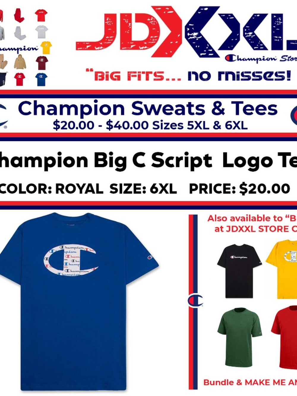 Big & Tall Champion Big C Logo T Shirt 6XL Royal